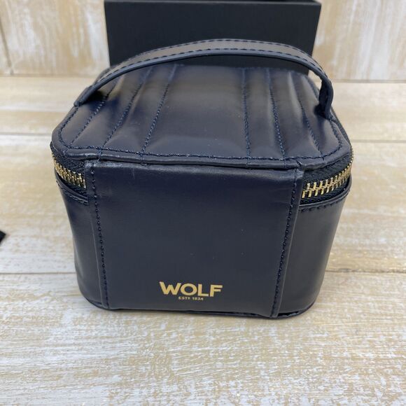 WOLF Maria Zip Jewelry Travel Cube Navy Leather w/ Original Box & Dust Bag - Picture 12 of 16
